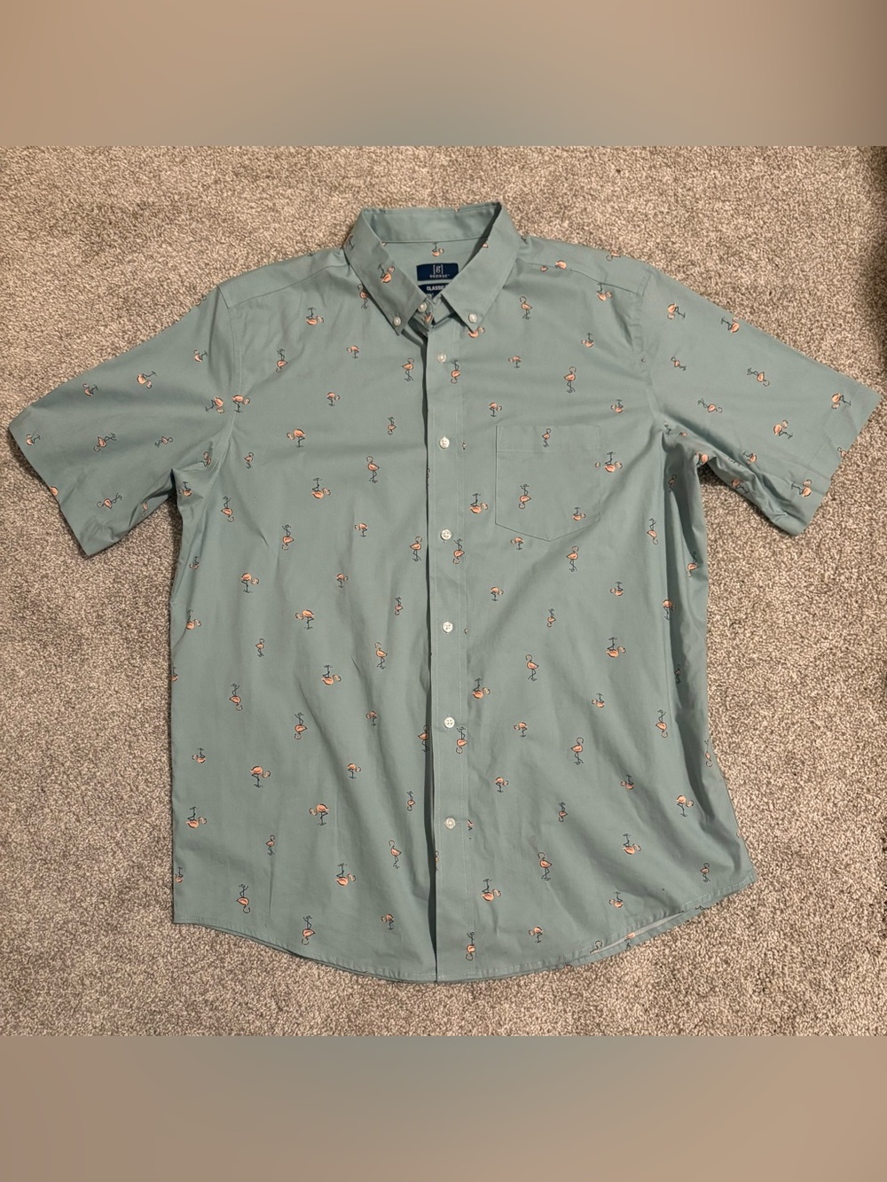 George Green Button-Down Shirt with Small Flamingo Print